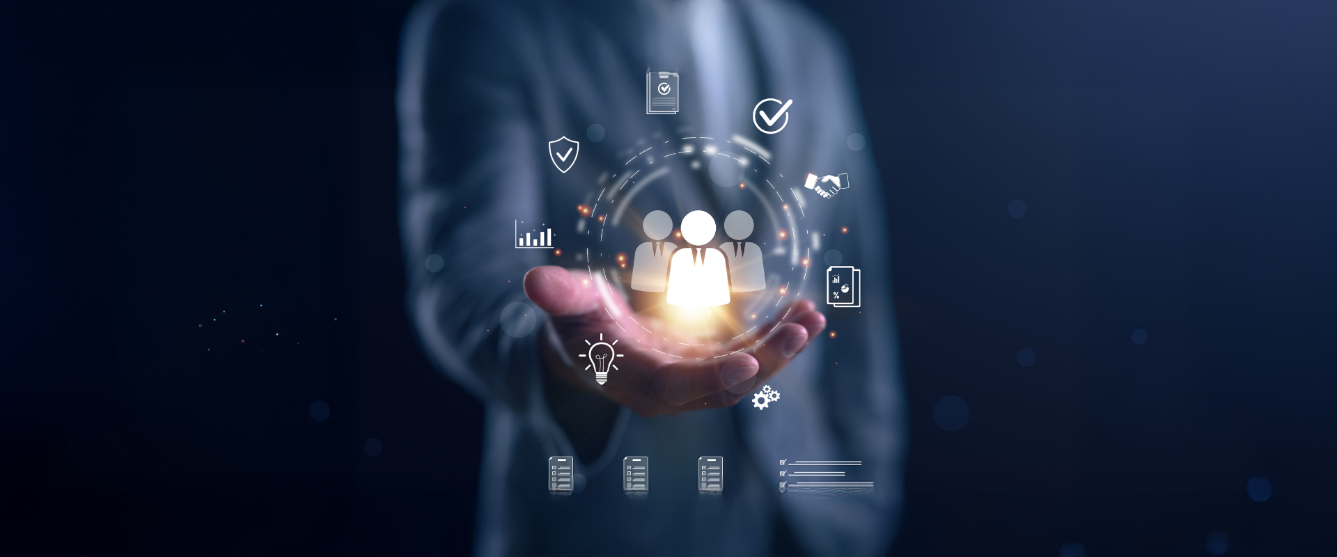 Businessman holding digital icons of people and team management