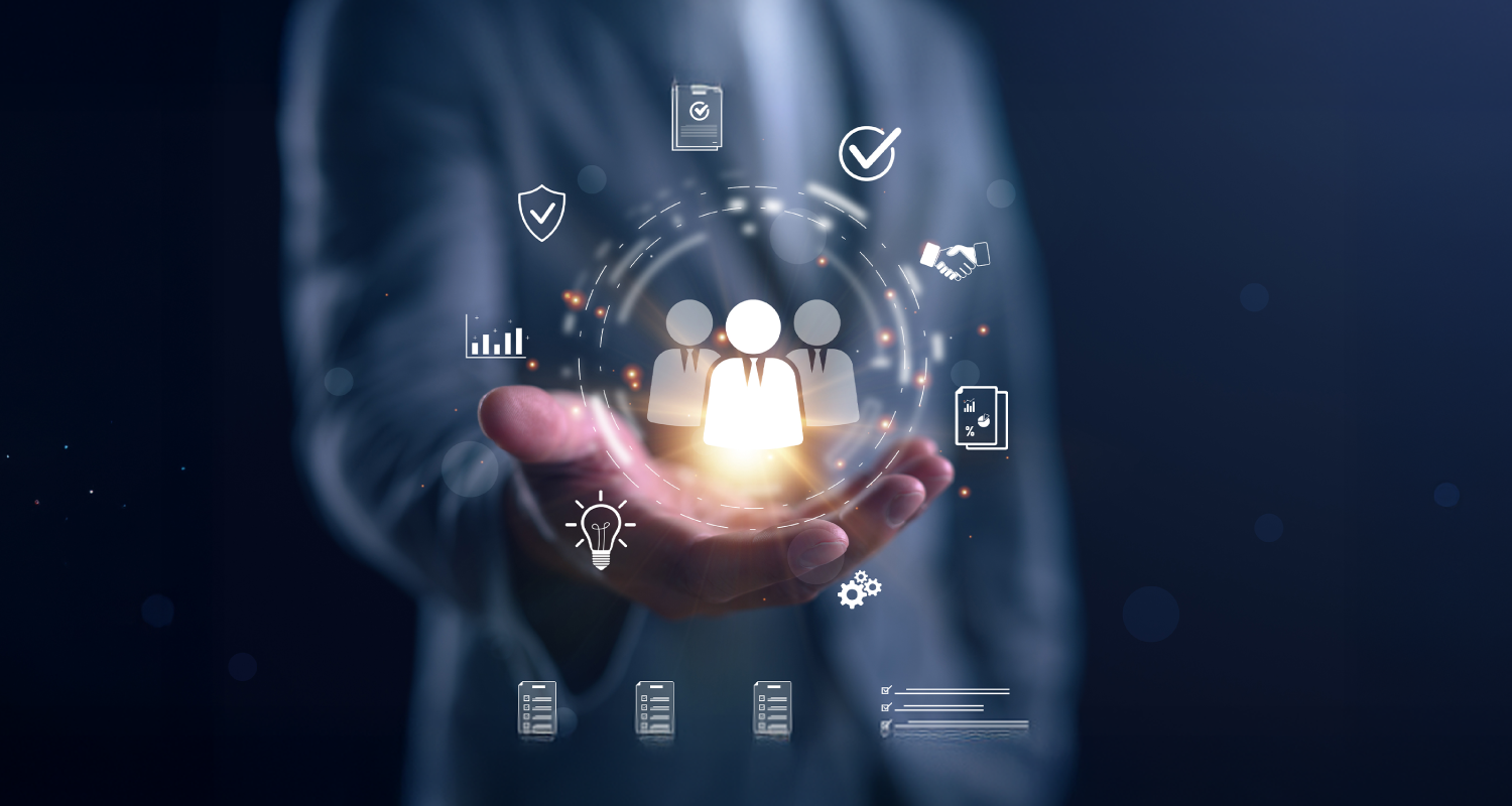 Businessman holding digital icons of people and team management