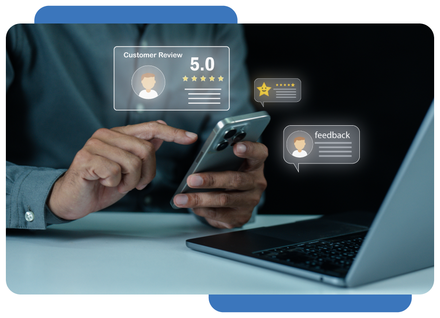 A person uses a smartphone and laptop to leave and read digital customer reviews and feedback online.